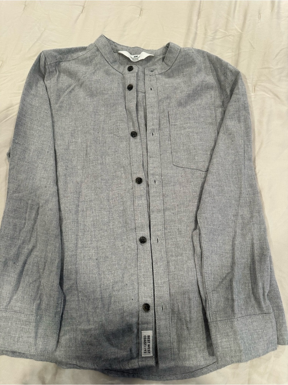 H&M Gray Collarless Button-Front Shirt